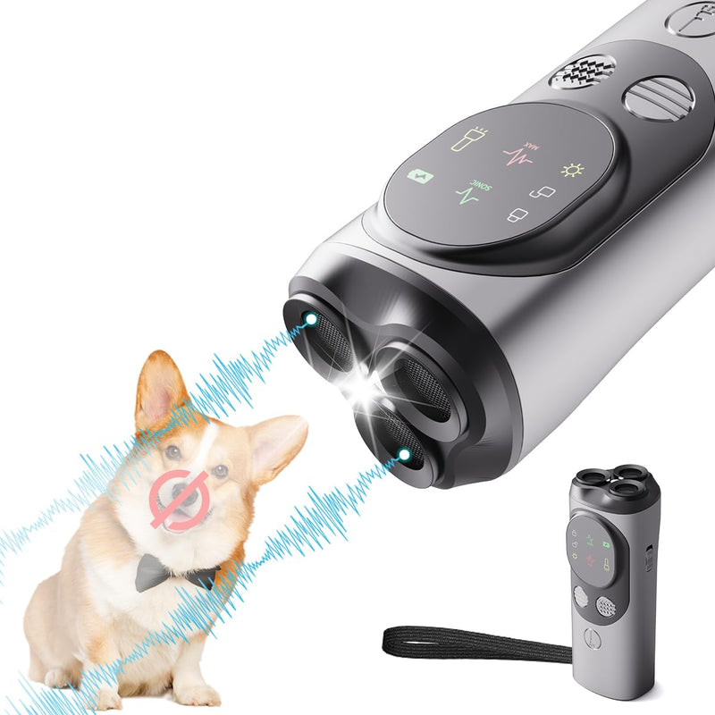 Dog Bark Deterrent Device,Anti Barking Device，Rechargeable Ultrasonic Dog Bark Deterrent Device With HD Display & LED Flashlight，Portable Dog Training Devices Safe for Indoor & Outdoor（GREY）