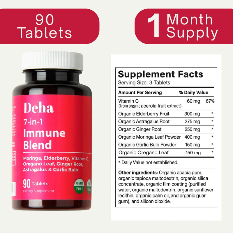 7-in-1 Immune Support Supplement Tablets Moringa Vitamin C Elderberry with Oregano Leaf, Ginger Root, Astragalus & Garlic Bulb Herbal Wellness - GMP Certified - Organic, Non-GMO, Vegan - 90 Count 1 Count (Pack of 90)