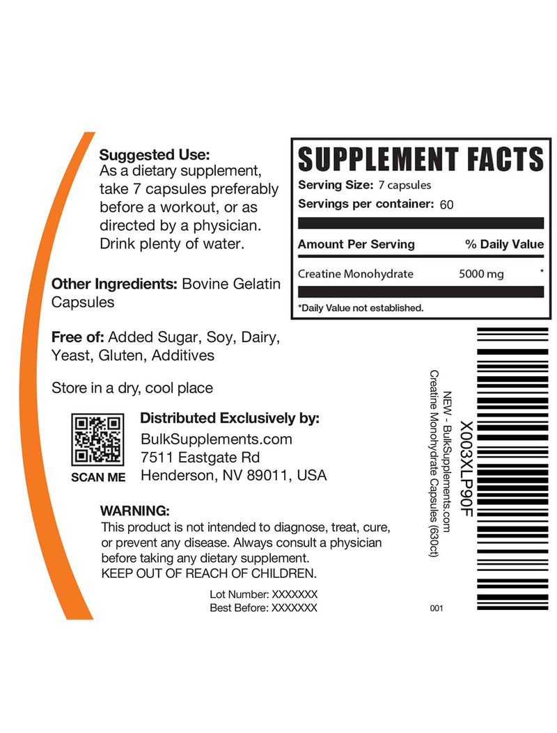 BulkSupplements.com Creatine Monohydrate Capsules - Micronized Creatine Monohydrate, Creatine Pills - 7 Creatine Capsules per Serving, 5000mg, Gluten Free, 420 Capsules (Pack of 1) 420 Count (Pack of 1) - BeesActive Australia
