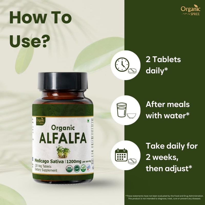 Alfalfa 120 Tablets | Medicago Sativa (Alfalfa) | USDA Organic Certified | Superfood Supplement with Vitamins and Minerals | Dietary Supplement 120tab 120 Count (Pack of 1)