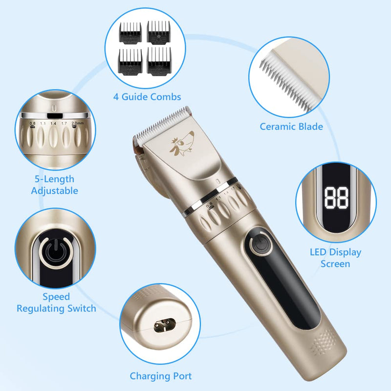 VSSHE Dog Clipper, Quiet Clipper Dog and Cat with 2 Speeds Rechargeable Cordless Cats and Dogs Horse Hair Clipper Clipper Dog with 11 Accessories Gold