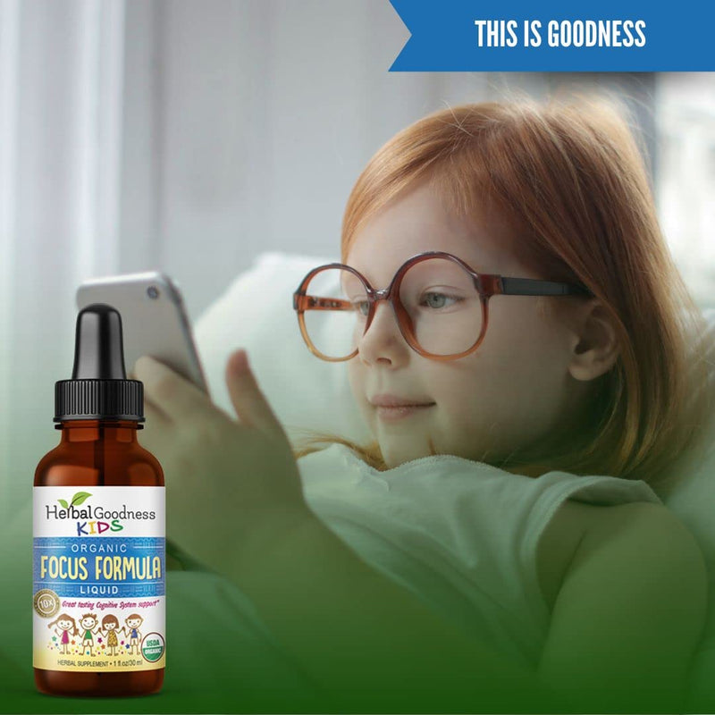 Herbal Goodness Kids Focus and Attention Supplements 1oz, Ashwagandha | Moringa, Herbal Blends, Cognitive Support, Non-GMO Liquid Vitamins for Concentration, Mood & Brain Health, Made in USA