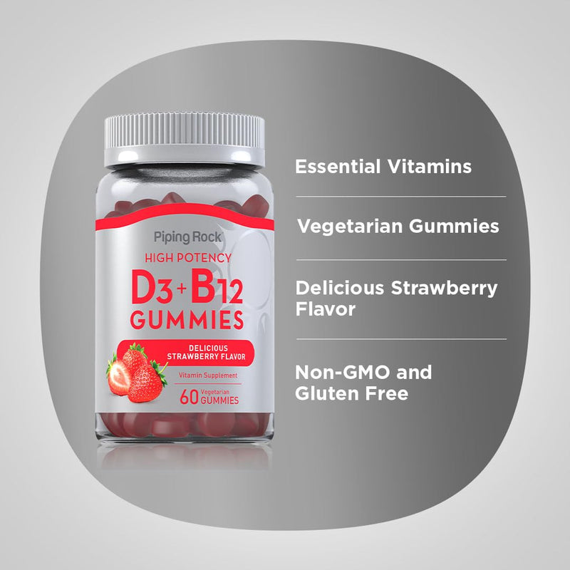 Piping Rock Vitamin D3 and B12 Gummies | 60 Count | Supplement for Women and Men | High Potency | Strawberry Flavor | Vegetarian, Non-GMO, Gluten Free