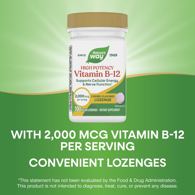 Nature’s Way High Potency Vitamin B-12 Lozenges, 2,000 mcg Vitamin B12 per Lozenge, Supports Cellular Energy & Nerve Function*, No Gluten, Vegan, Cherry Flavored, 100 Count (Packaging May Vary) 100 Count (Pack of 1)