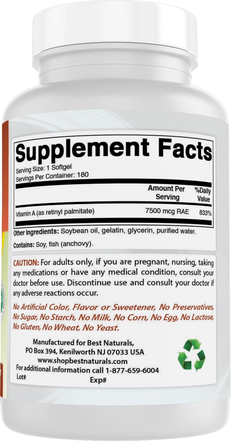 Best Naturals Vitamin A 25000 IU (7500 mcg), Non-GMO Formula Supports Healthy Vision & Immune System and Healthy Growth & Reproduction, 180 Softgels (180 Count (Pack of 1)) 180 Count (Pack of 1)