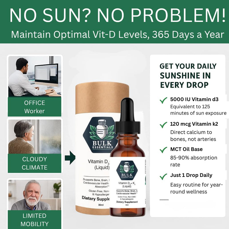 Pure Vitamin D3+K2 Drops with MCT Oil, 5000 IU D3 & 120mcg K2, 30ml | Supports Bone & Immune Health, for Women & Men, Non-GMO & Gluten-Free, USA Made