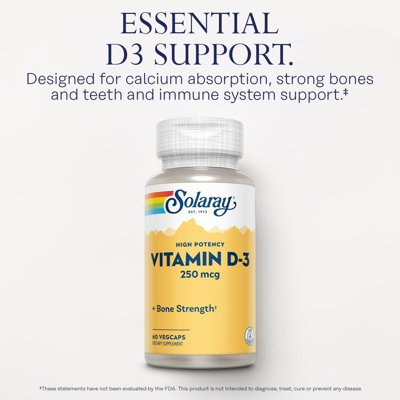 SOLARAY Vitamin D3 10000IU (250 mcg), VIT D3 Cholecalciferol, 60 Veg Caps | High Potency Vitamin D Supplement for Men & Women, Bones and Immune Health Support Capsules