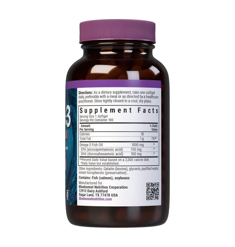 BlueBonnet Nutrition Omega 3 1000 mg, 180 Softgels | Heart Health Supplement for Women & Men