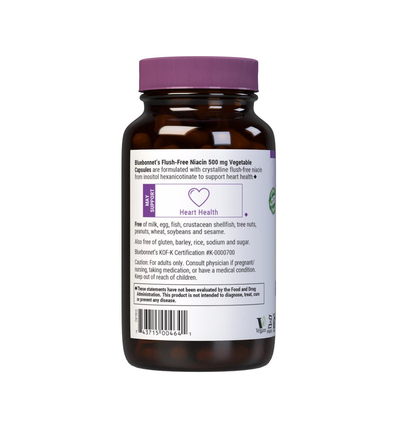 Bluebonnet Nutrition Flush-Free Niacin 500mg, for Nutritional Cardiovascular Support Vegetable Capsules, Soy/Dairy/Gluten Free, Non-GMO, Kosher Certified, Vegan, White, 120 Count | Heart Health; Non-GMO, Vegan, Kosher Certified