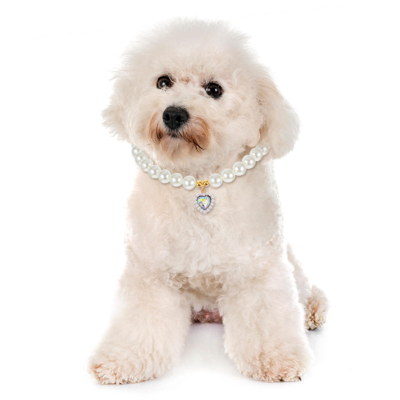 2 Pcs Cat Dog Pearl Collar, Heart Shaped Rhinestone Pet Necklace Dog Pearl Rhinestone Cat Collar, Beaded Dog Necklace Adjustable Pet Jewelry Accessories for Small Dogs Cats(White and Pink) - BeesActive Australia