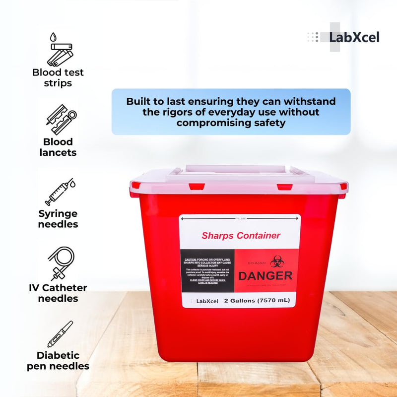 Polypropylene 2 Gallons Sharps Container with Cap ‚Äì Needle & Syringe Disposal for Home & Professional Use, Free Standing, Translucent Sliding Lid, PVC-Free Medical Waste Bin ‚Äì Red, 2 Count