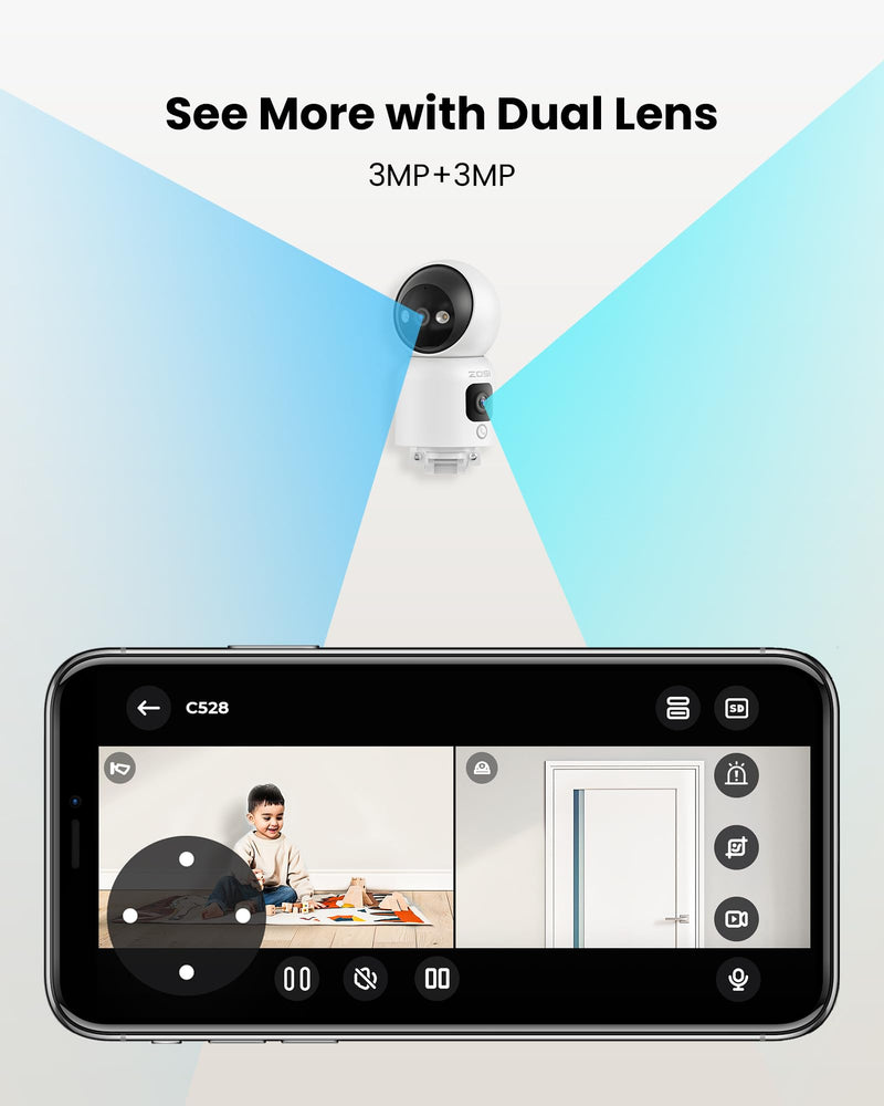 ZOSI indoor surveillance camera with dual lens 3MP+3MP, 2.4/5G WiFi, button/OK gesture call, AI person detection and tracking, color night vision, C528D white 3MP+3MP dual camera - BeesActive Australia