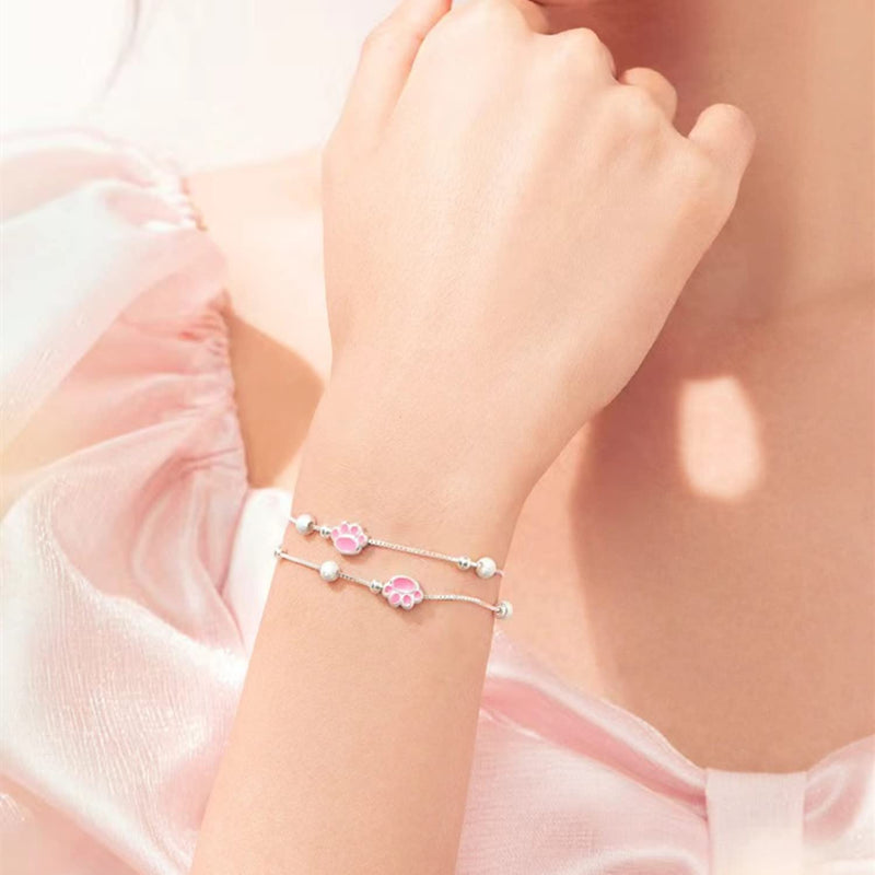 UUONLY Rose Gold Plated S925 Silver Cat Paw Print Necklace Bracelet, Cat Dog Paw Pink Crystal Paw Pendant Necklace, Cat Paw Jewerly Set for Women Bracelet 1 - BeesActive Australia