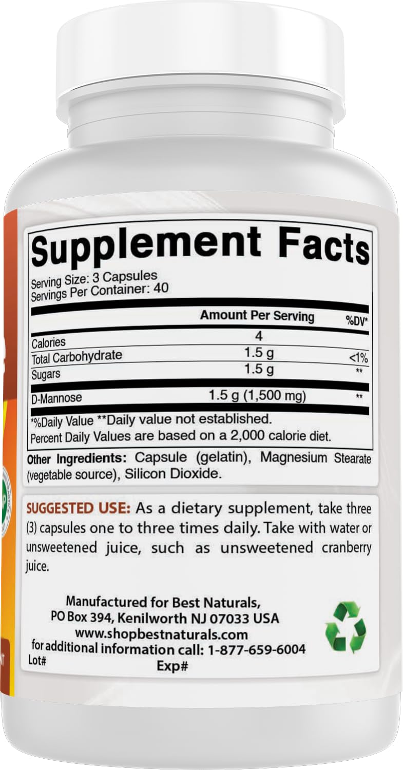 Best Naturals D-Mannose Capsules - Urinary Tract Cleanse Supplement 1500mg/Serving - 120 Count 120 Count (Pack of 1)