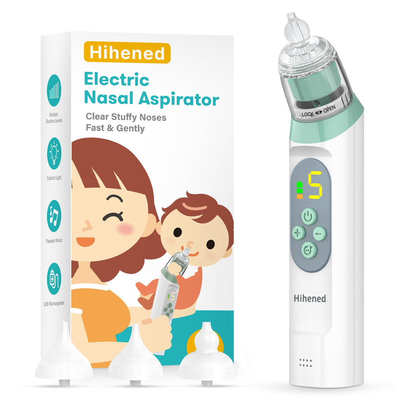 Electric Nasal Aspirator for Baby, Nose Aspirator for Toddlers, Waterproof Baby Nose Sucker, Nose Cleaner with 3 Silicone Tips, Adjustable Suction Level, Music and Light Soothing Function,Green Green