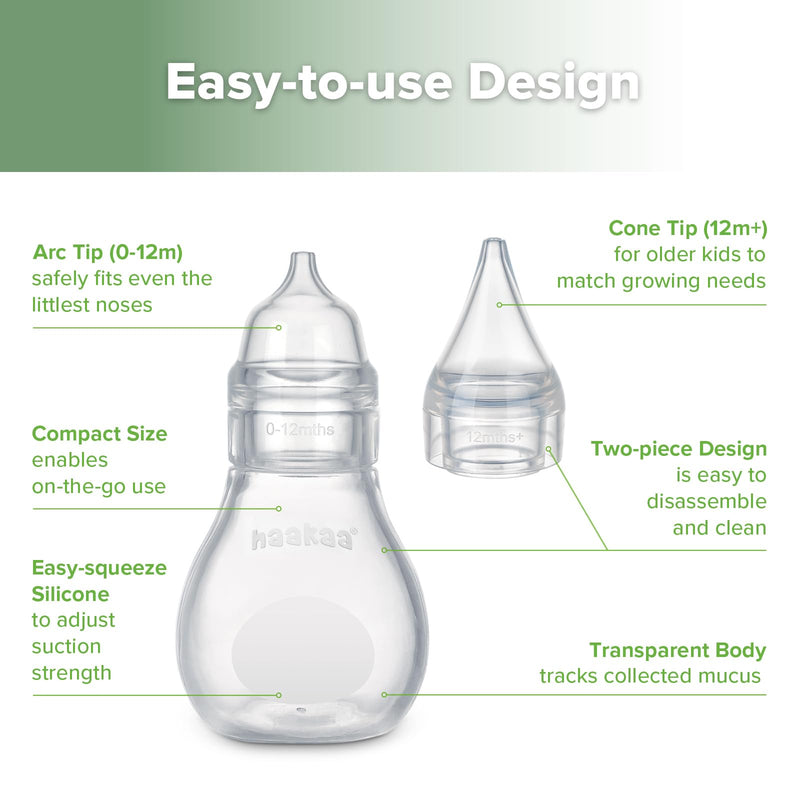 Haakaa Silicone Baby Nasal Aspirator | Nose Bulb Syringe | Easy-Squeezy Baby Nose Cleaner, 0m+ Newborn Infant &Toddler - BPA Free Silicone-2 Tips 2 Tips - BeesActive Australia