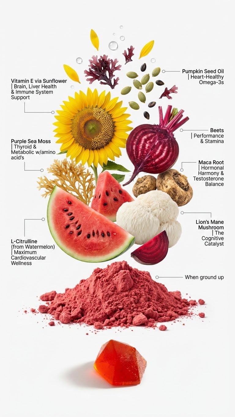 BDE Wildcrafted Sea Moss Gummy Maca Root, Beets, Lions Mane Mushroom, Vitamin D + E - Vegan Collagen, Zinc, Immunity & Detox, Gut Health - 60 Count 60 Count (Pack of 1)