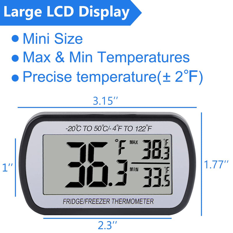 2 Pack Refrigerator Fridge Thermometer Digital Freezer Room Thermometer Waterproof Large LCD Display Max/Min Record Function-Black Black
