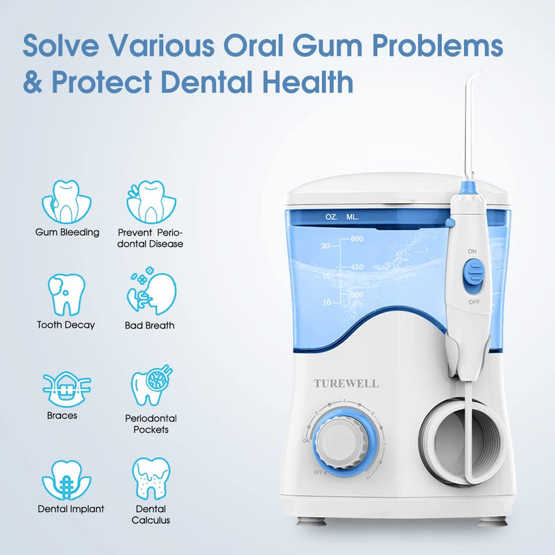 TUREWELL FC162 Water Dental Flosser for Teeth/Braces,10 Pressure Levels, 8 Water Jet Tips for Family, 600ML Electric Water Dental Oral Irrigator for Teeth Clean (White) White