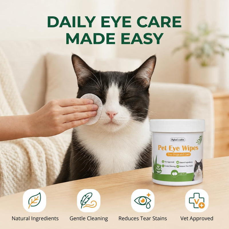 Dylan's cabin Eye Wipes for Cats - 200 Count Soft Round Dogs Eye Cleaning Pads, Alcohol Free pH Balanced Daily Tear Stain Wipes Remove Discharge and Crust pet eye wipes