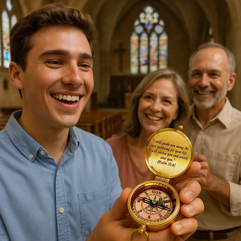 God's Path Compass – Communion & Confirmation Gift for Teenage Boys | Baptism Religious Gifts for Men, Christian, Catholic, Graduation | Sentimental & Inspirational Present – Greeting Card Included God's Path - Leather Case