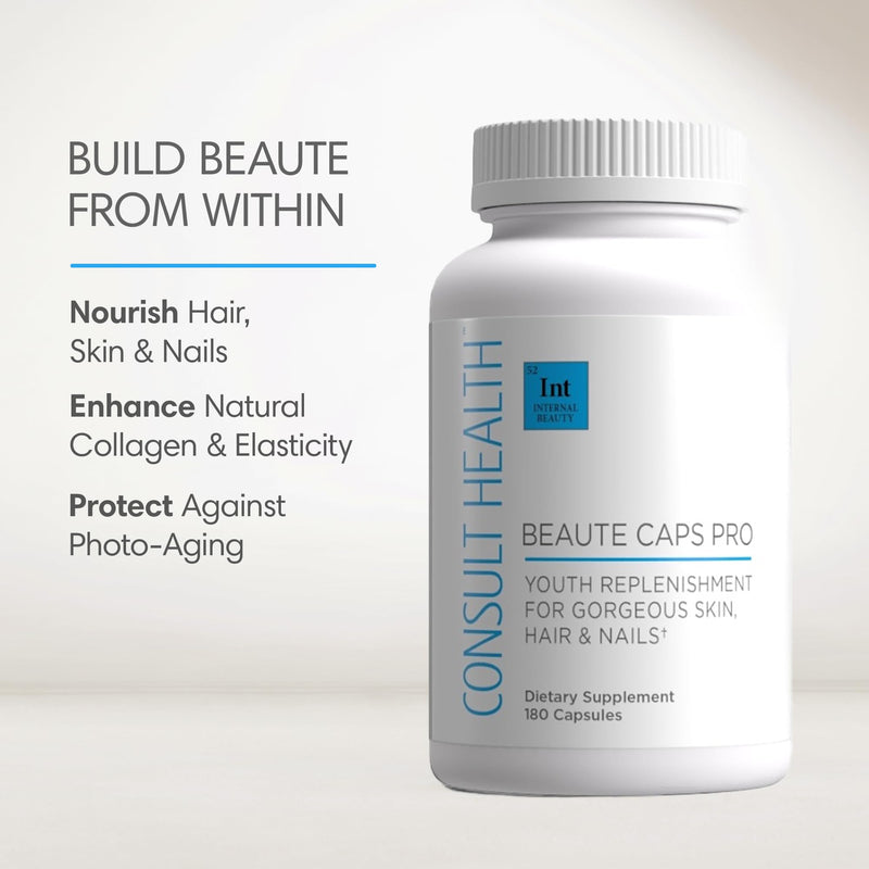 Consult Health Beaute Caps PRO, Biotin 10,500 mcg, Clinically Tested Supplement with Collagen & MSM, Supports Healthy Hair Growth, Skin and Nails, USA Made, 60 Capsules 60 Count (Pack of 1)