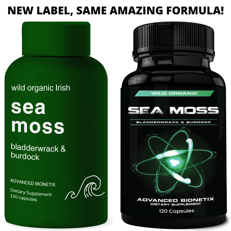 Advanced Bionetix Organic Irish Sea Moss Capsules, Raw Wildcrafted Seamoss Enhanced w/Bladderwrack & Burdock Root Capsules 120 Total Pills Antioxidant Packed. Prebiotic Superfood, Thyroid Support 120 Count (Pack of 1)