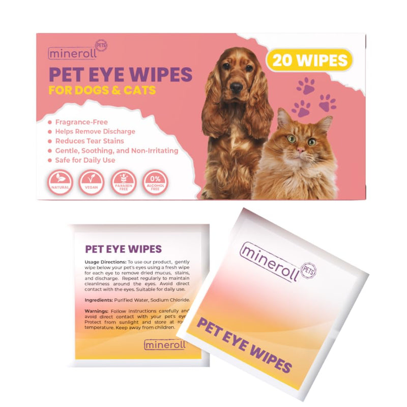 Pet Eye Wipes for Dogs & Cats - Individually Wrapped, Gentle Tear Stain Remover, Fragrance-Free, Alcohol-Free, Vegan, Soft Fabric - 20 Count