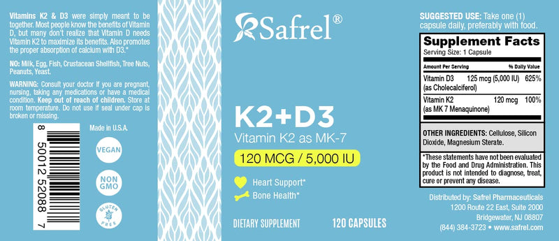 Safrel Vitamin K2 (MK7) 120 MCG and D3 5000 IU Supplement per Capsule, Supports Calcium Absorption for Bone, Immune and Heart Health, Easy to Swallow K2 and D3, Non-GMO, 120 Count