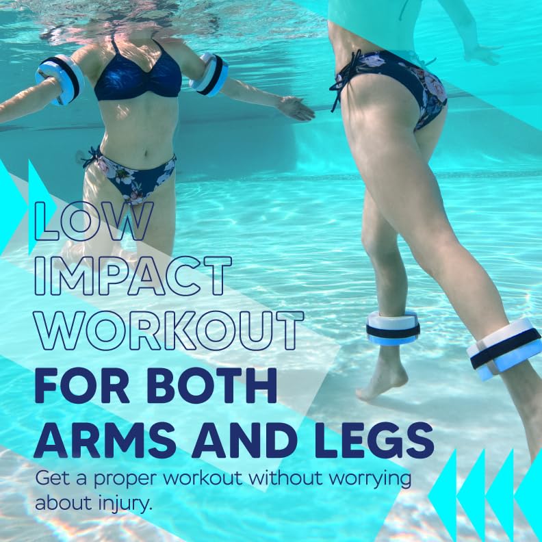 Sunlite Sports Water Weights Pool Exercise Dumbbells, Water Aerobic Equipment, High-Density EVA-Foam Dumbbell with Handle Strip, Aqua Therapy, Pool Fitness, Water Exercise, Set of 2 Aqua Blue Water Cuffs Large