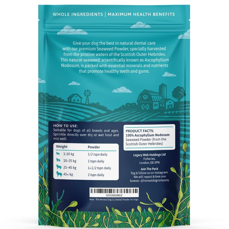 Honest Dog Co. Dental Powder for Dogs - Easy Seaweed Food Topper for Fresh Breath, Plaque & Tartar Removal | Natural Teeth Cleaning & Gum Health | Made in UK | 120g (up to 60 servings)