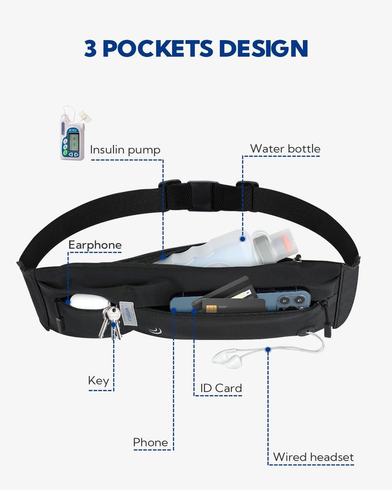 WATERFLY Running Belt Fanny Pack: Runner Marathon Jogging Waist Pack Sport Workout Exercise Fitness Phone Holder Belt for Men Women Jogger Slim Waist Bag Black