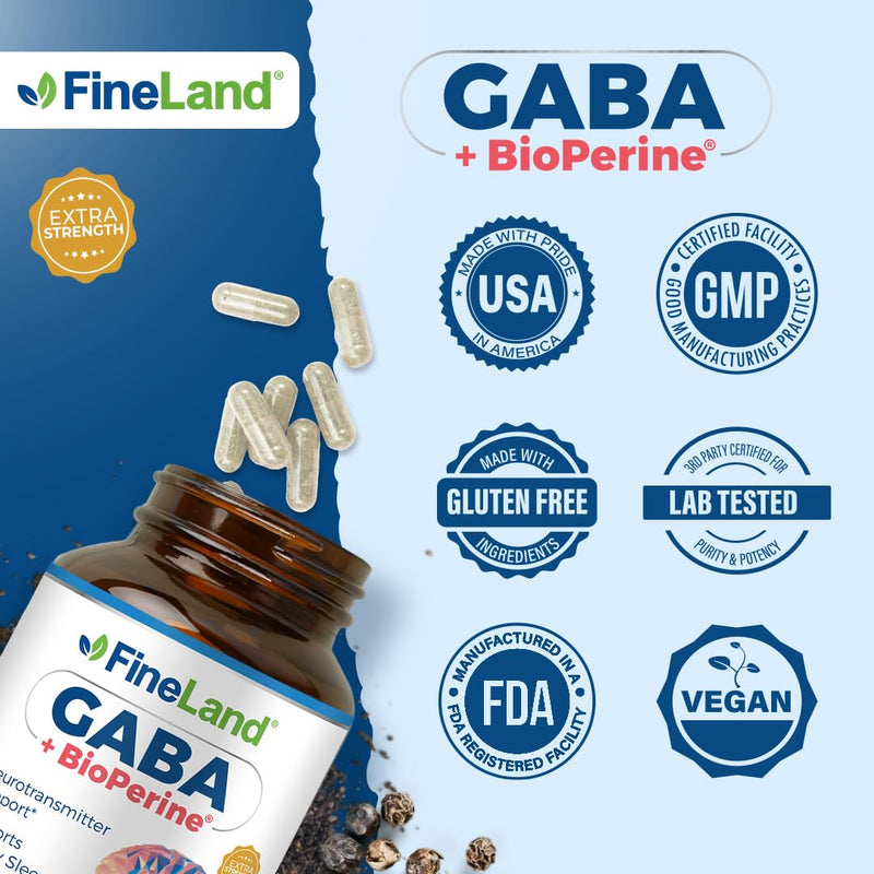 FineLand GABA + BioPerine® – Gamma-Aminobutyric Acid Supplement for Relaxation & Daily Calm | Supports Emotional Well-Being, Vegan – 120 Capsules, Made in USA