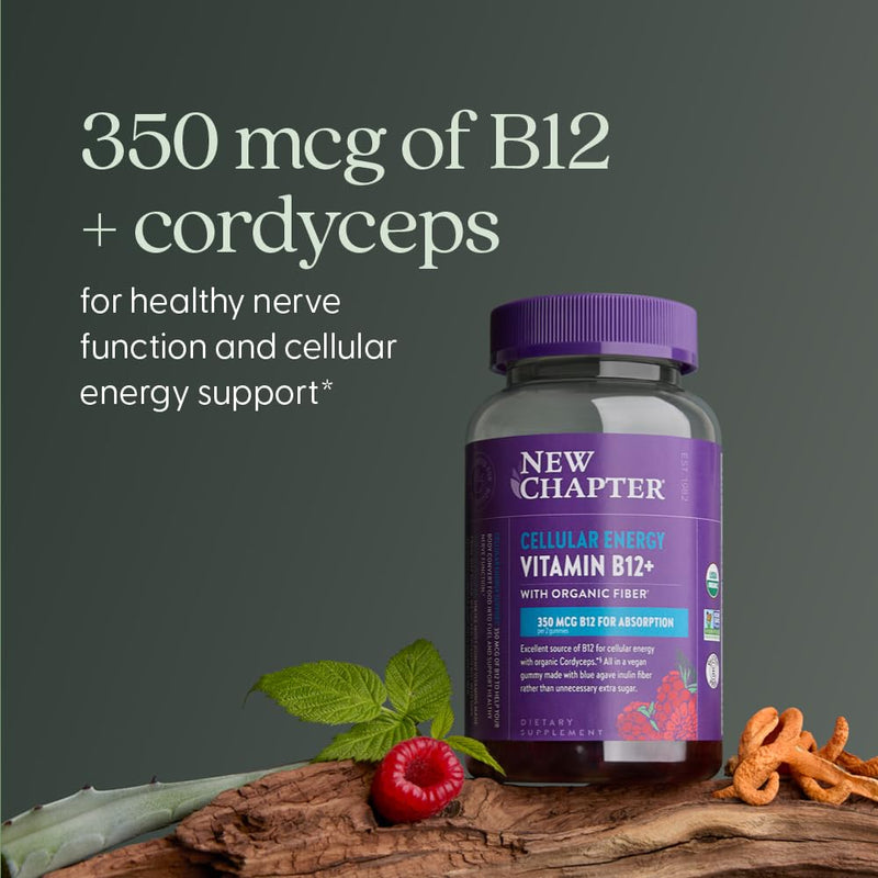 New Chapter USDA Organic Vitamin B12+ Gummies, 60 Count | 47% Less Sugar B12 Gummies for Cellular Energy Support, with Cordyceps, Non-GMO, Gluten Free, Raspberry Flavored
