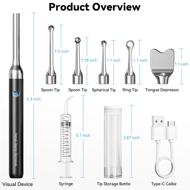 Upgraded Tonsil Stone Remover with Camera, Visual Tonsil Stone Removal Kit with 6 LED Light, Tonsil Stone Removal Tool Camera with 1080P, 5 Head Attachments, for iOS & Android (Black) Black - BeesActive Australia