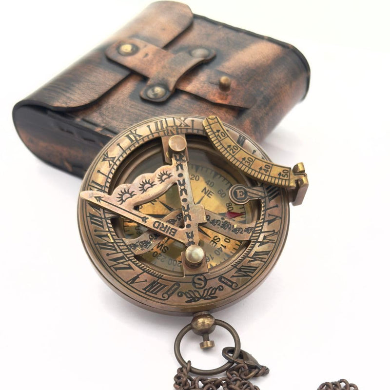 Brass Sundial Compass in Leather Case - Nautical Gifts for Men, Antique Sailing Anniversary Gadget for Him, Unusual Unique Nautical Decor, Naval Maritime Pocket Watch Clock BROWN ANTIQUE COMPASS - BeesActive Australia