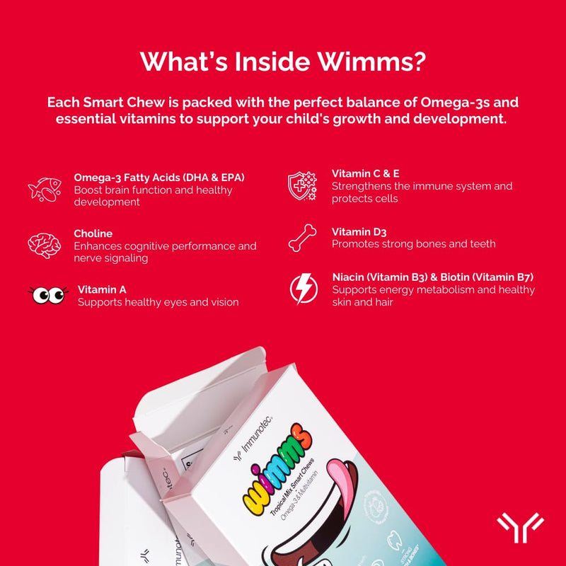 WIMMS Smart Chews for Kids | Omega-3 & Multivitamin Gummies | 600mg DHA & EPA | Sugar-Free Brain & Immune Support for Children | Tropical Flavor | 30 Daily Chews