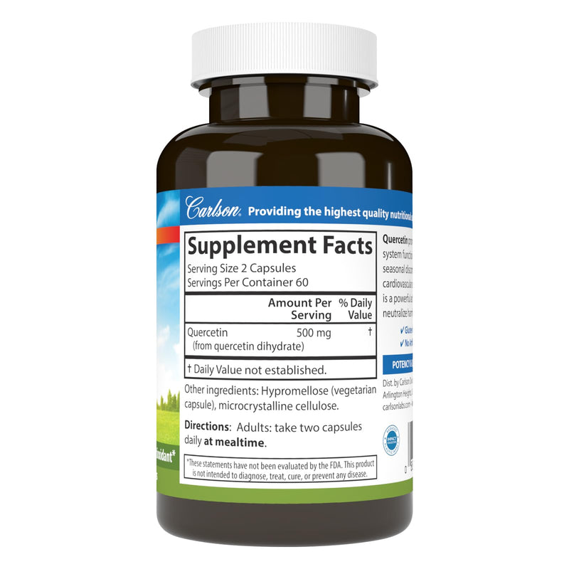 Carlson Quercetin, 500 mg, Seasonal Support, 120 Vegetarian Capsules | Skin Health; Optimal Wellness 120 Count (Pack of 1)