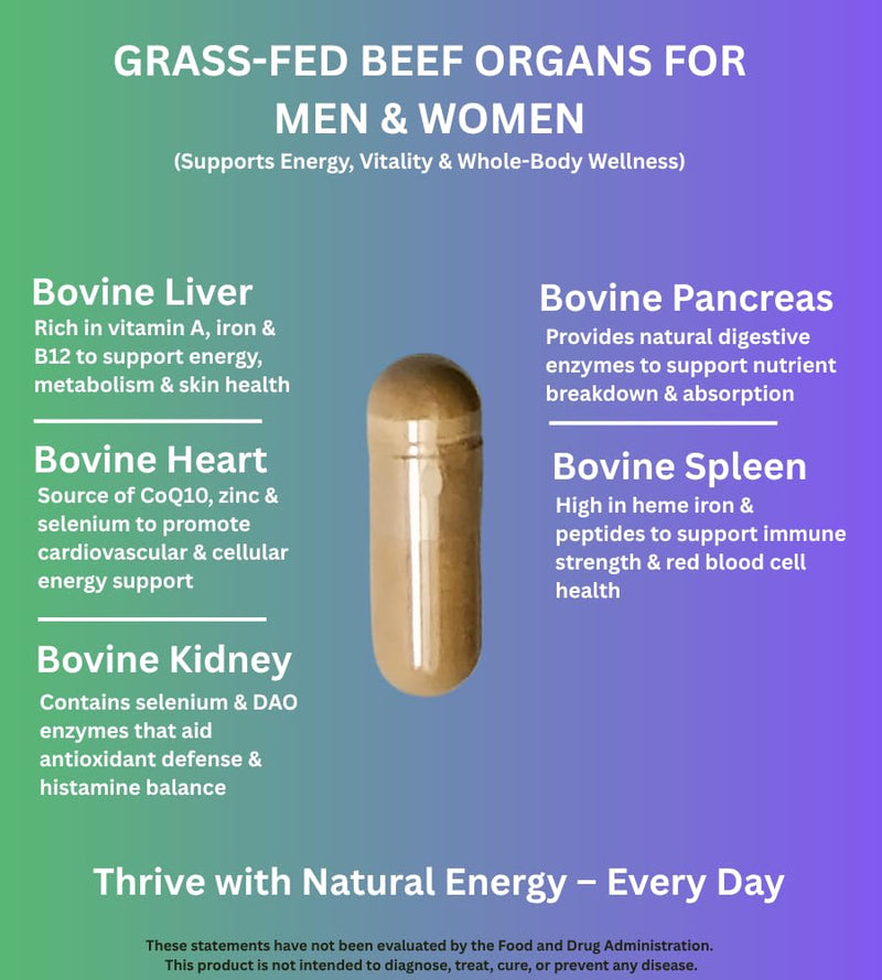 Grass-Fed Beef Organ Supplement for Energy & Vitality – Pasture-Raised Blend of Liver, Heart, Kidney, Pancreas & Spleen, 180 Capsules, Hormone-Free, Made in USA