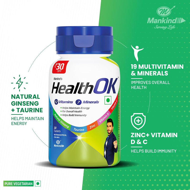 Mankind Health Ok With Multivitamin, Multimineral and Amino Acids, Helps Improve Energy, Maintains Overall Health, Builds Immunity, 30 Tablets