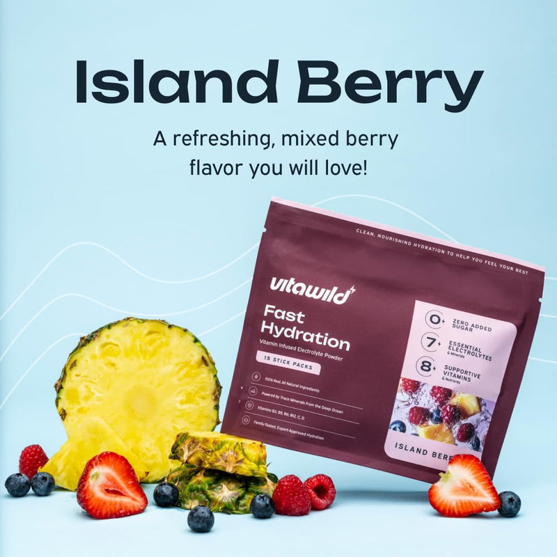 Clean Electrolytes Powder Packets No Sugar Added, 8 Vitamins & 7 Electrolytes Drink Mix Hydration Powder, Zero Sugar Added Hydrate Single Serve Travel Packs, 15 Water Hydration Packets, Island Berry
