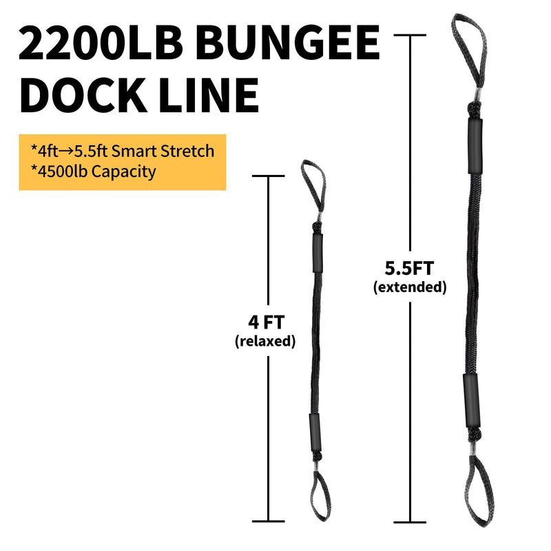 4ft Boat Ropes for Docking with Loops – Heavy-Duty Bungee Dock Lines for Boats, Jet Skis, Kayaks (Stretches to 5.5ft), Pack of 4, Pack of 4 (Black) Black