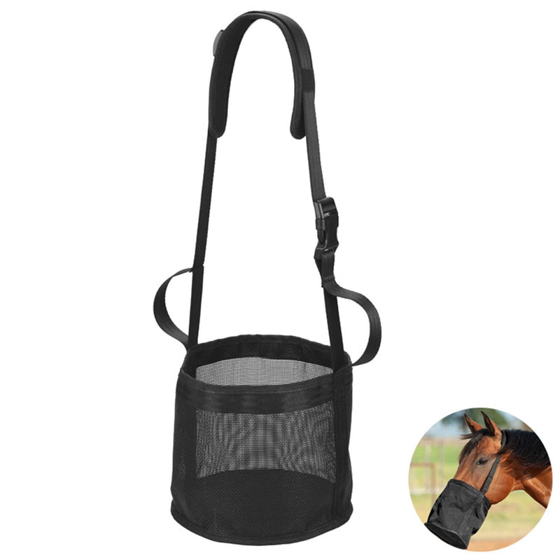 Horse Feed Bag for Grain, Heavy Duty Mesh Horse Feeder with Adjustable Strap Comfort Neck and Nose Pad, Horse Muzzle Feed Bag Waste-Free Feeding Solution for Horses (Black, M) Medium Black - BeesActive Australia