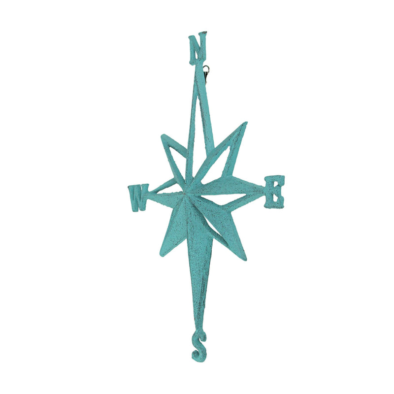 Turquoise Blue Cast Iron Compass Rose Wall Hanging Sculpture - Coastal Home Decor Art Piece - 13.5 Inches High Nautical Elegance for Indoor or Outdoor Spaces Turquoise
