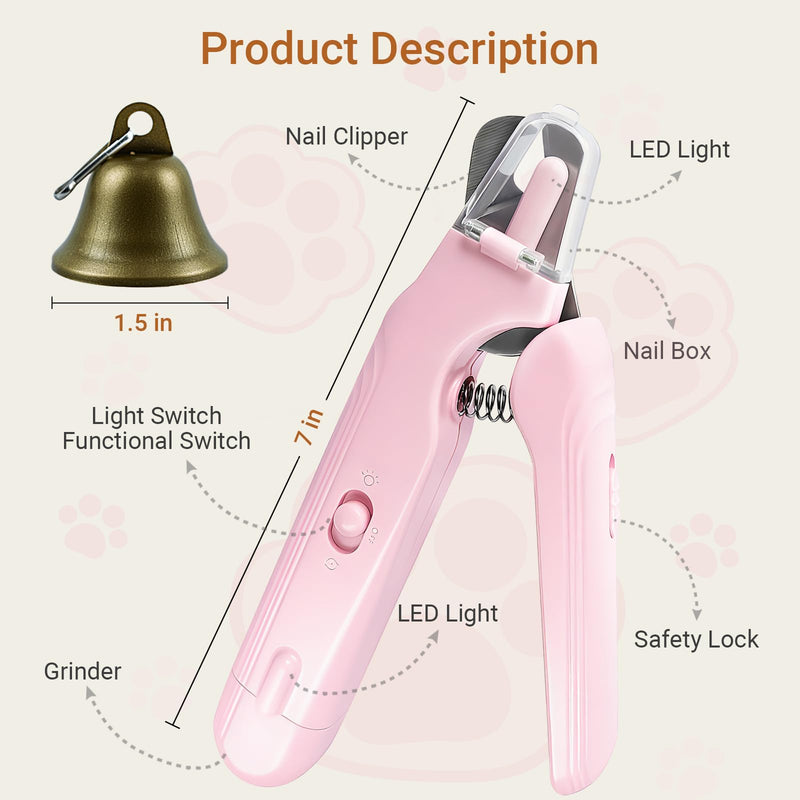 2 in 1 Cat & Dog Nail Clippers Grinder with Lights, Quick Sensor Safety Guard & Ultra-Quiet USB Rechargeable Cat & Dog Nail Trimmers, Dog Nail Grinder with 2 Bells for Women(Pink) - BeesActive Australia