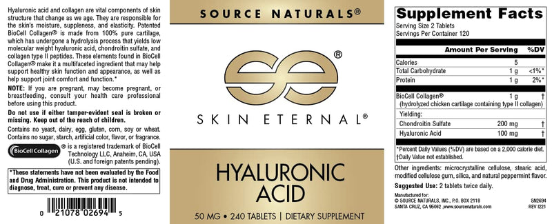 Source Naturals Skin Eternal Hyaluronic Acid, 50 mg - 240 Tablets