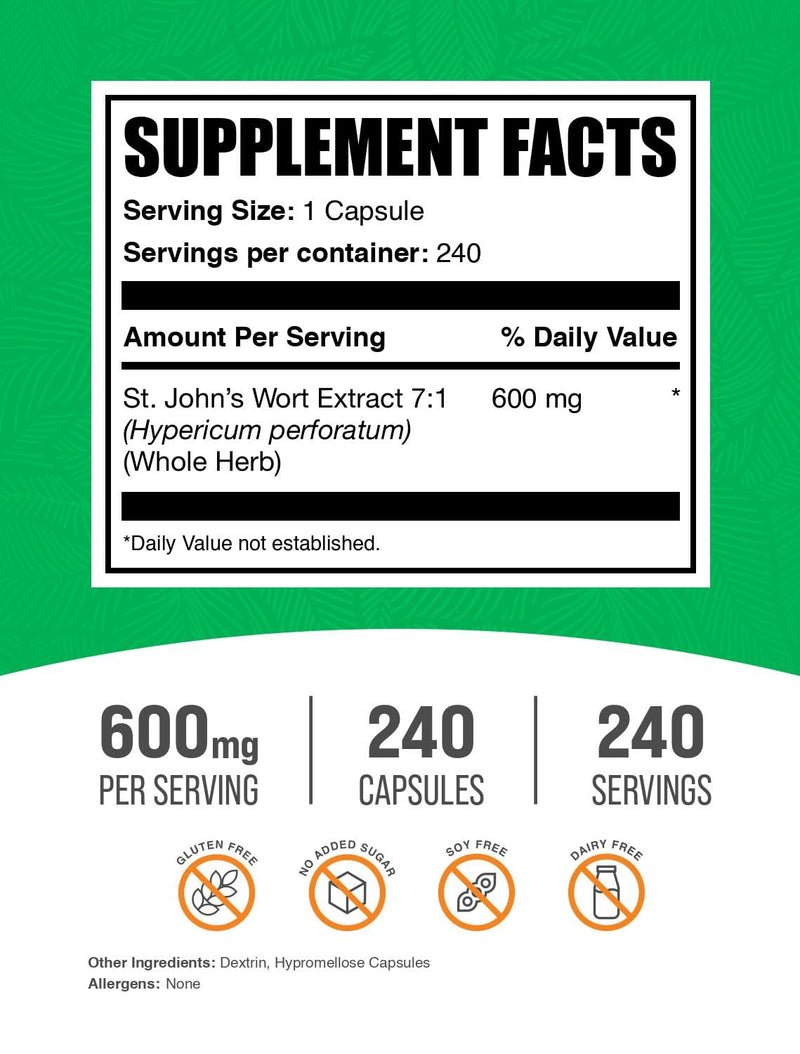 BulkSupplements.com St. Johns Wort Capsules - Hypericum Perforatum, St. John's Wort Herbal Supplements - Vegan, 1 Capsule per Serving, 240 Veg Capsules (Pack of 1) - BeesActive Australia