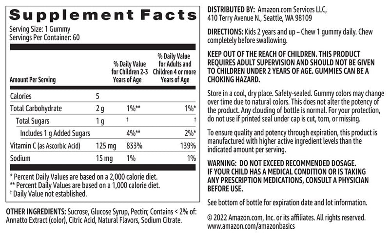 Amazon Basics Kids' Vitamin C 125mg Gummies, Orange Flavor, Soft Chew, 60 Count, Immune Health, Vegetarian, 2 Month Supply (Previously Solimo) 60 Count (Pack of 1)