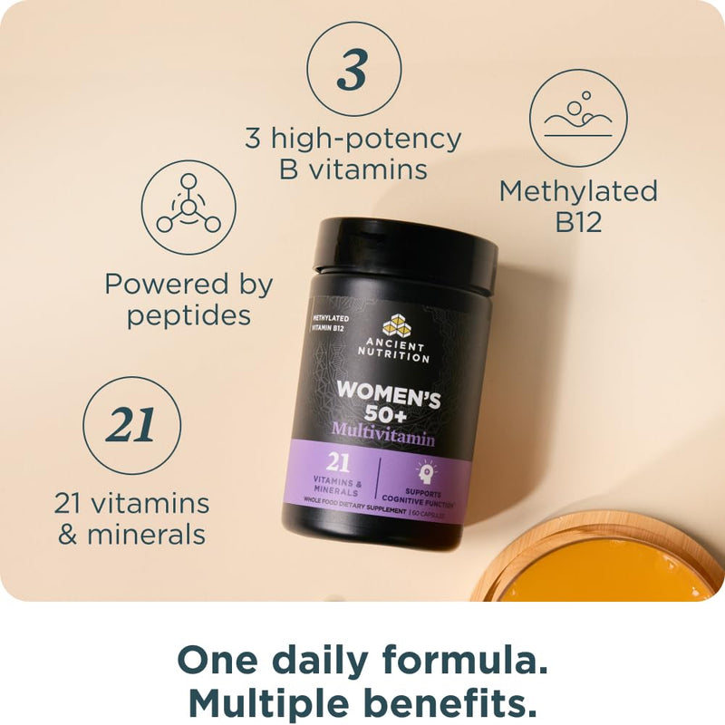 Ancient Nutrition Women’s 50+ Multivitamin, Menopause Support | Menopause Support for Hot Flashes, Sleep, Mood, Energy & Hormonal Balance + 21 Vitamins & Minerals, 30 Count