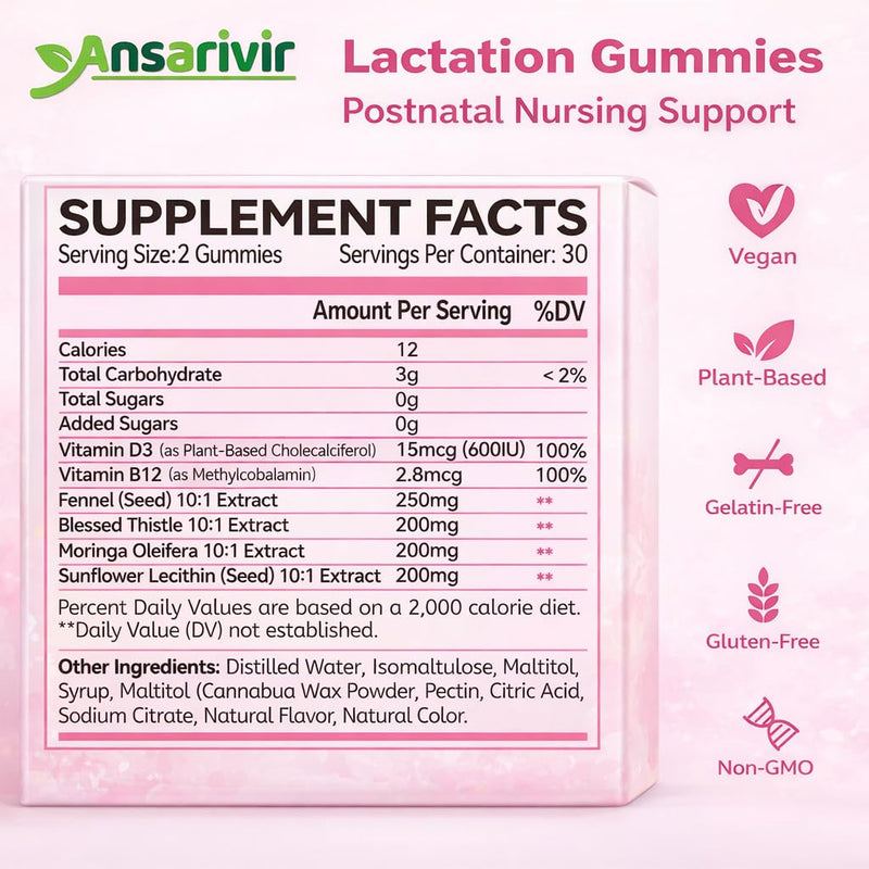 Lactation Supplement Gummies – Powered by Moringa, Fennel, Sunflower Lecithin, Milk Thistle, Blessed Thistle, Plus Vitamins D3 & B12 – 60 Gummies for Breastfeeding Support & Milk Supply Boost